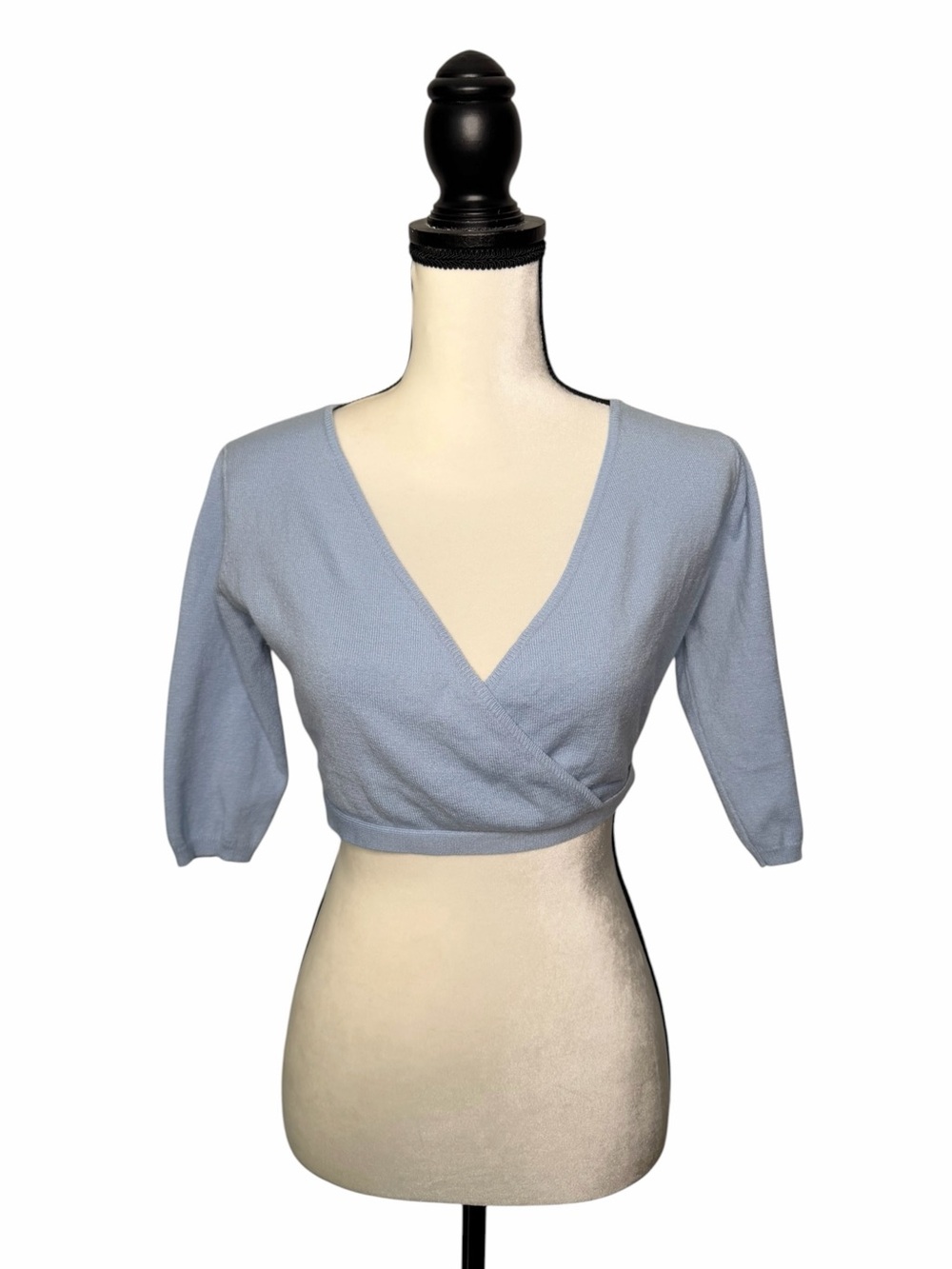 Esprit Light Blue V-neck 3/4 Sleeve Cropped Wrap Sweater Vintage Size Medium Y2K